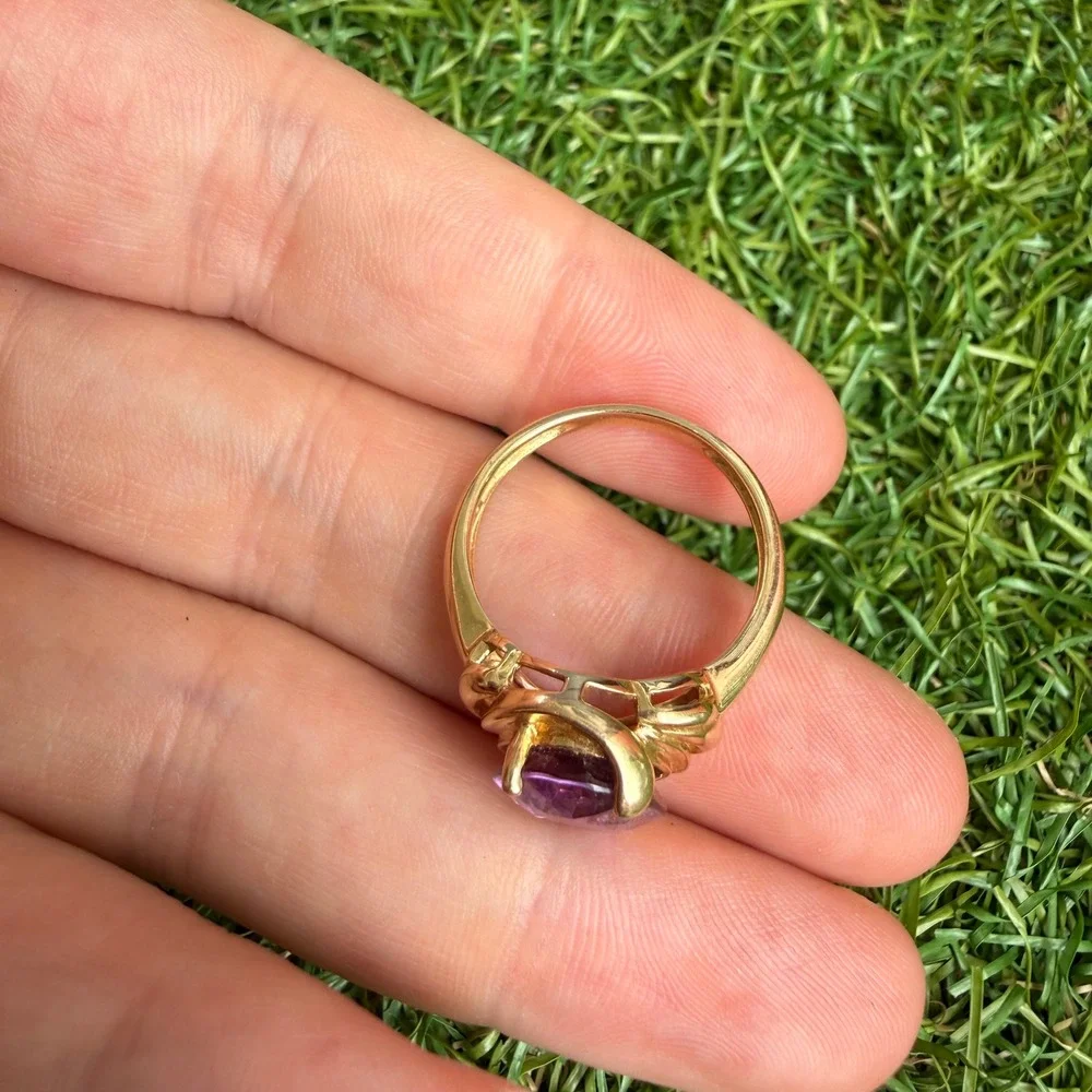 Vtg 80s 14k Yellow Gold Ring Engagement Promise Faceted Amethyst Cabochon Size 8